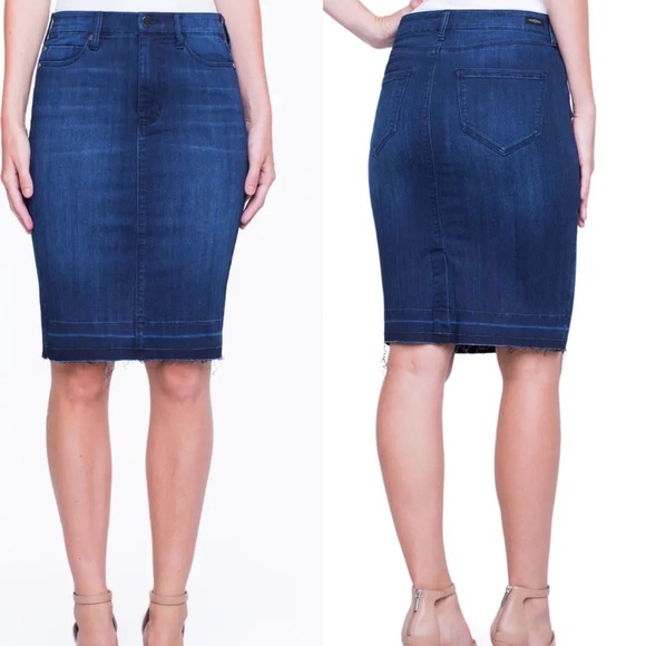 NWT Liverpool Jeans Estrella Medium Dark Stretch Released Hem Denim Skirt Sz 14P - Picture 1 of 9